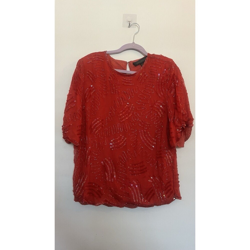 Vintage Glam Dana Brooke Red Sequin Silk Blouse Women’s Size 8